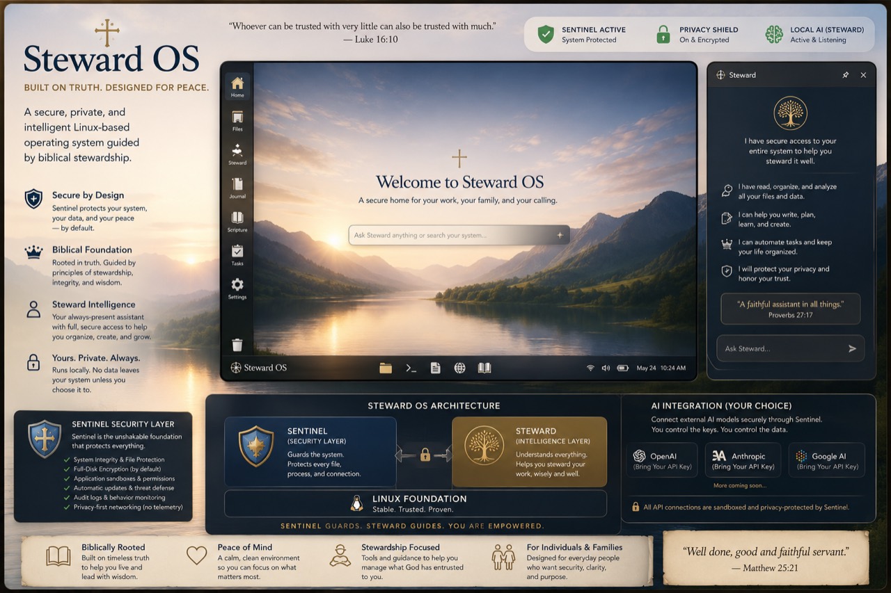 Steward OS interface concept showing the desktop, assistant, and security layers