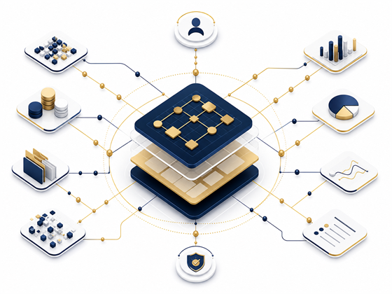 Structured data flow and rules engine diagram representing traceable intelligence